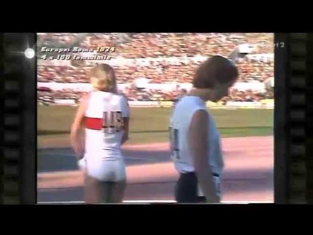 Powerful East German girls break World Record in sprint 4 × 100 metres relay. 1974 Euro Champs.