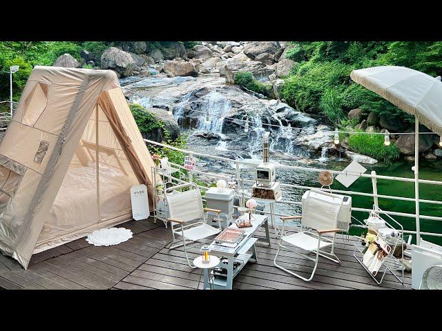 The best waterfall view!  Cool summer camping in my white pyramid house / camping vlog