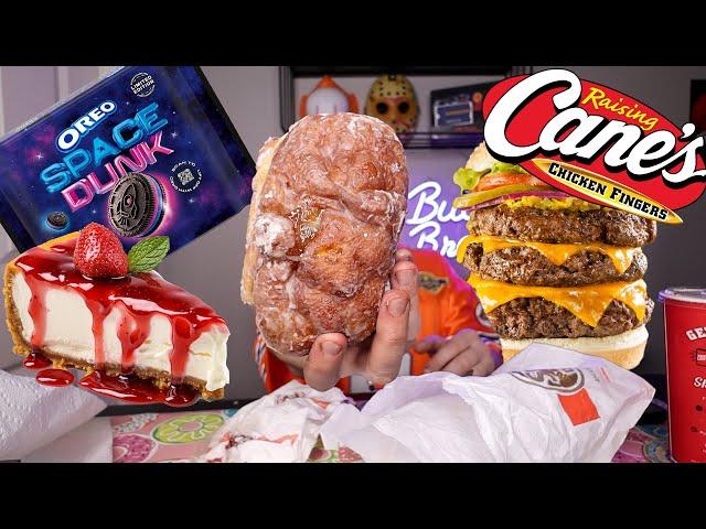 GIANT APPLE FRITTER, RAISING CANES, SMASHED BURGER & MORE ASMR MUKBANG CHEAT DAY! 