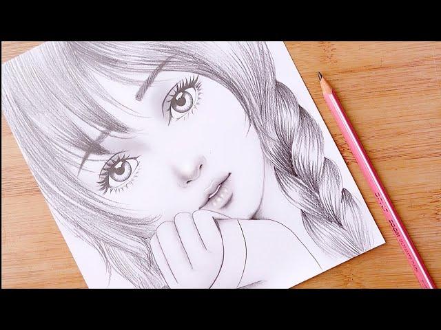 Pencil sketch || How to draw Cute Girl Face - step by step || Drawing Tutorial for beginners