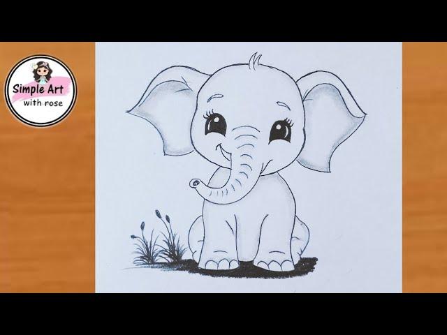 How to draw a cute baby Elephant | Elephant drawing easy | pencil drawing | simple art with rose