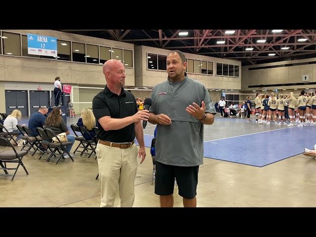 Henderson State coach Phil McDaniel stops by during the AVCA Tournament