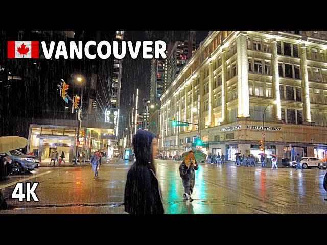  【4K】️️️ November 2024. Heavy Rain in Downtown Vancouver BC, Canada. Relaxing Walk.