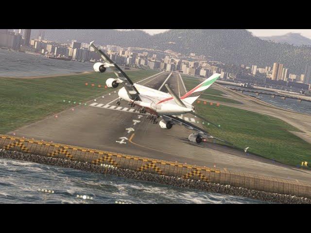 scary landing airbus a380 at Kai Tak airport