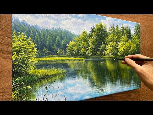 How to draw a clear blue lake surface/ Acrylic painting / Beautiful landscape painting / A Lu Art.