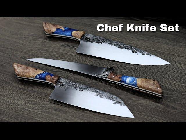 Making a set of 3 kitchen knives from 80CrV2 steel FULL KNIFE BUILD Forging, Heat Treat, Sharpening