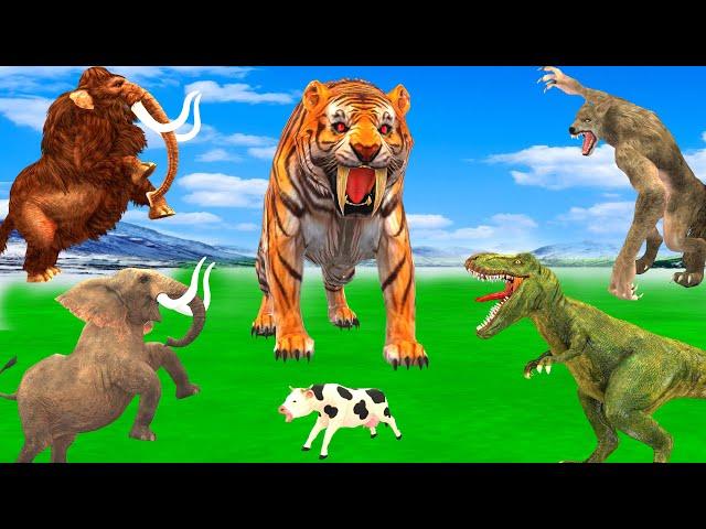 Giant Tiger wolf Attacks Dinosaur Chase Cow Cartoon Buffalo Gorilla Saved By Woolly Mammoth Elephant