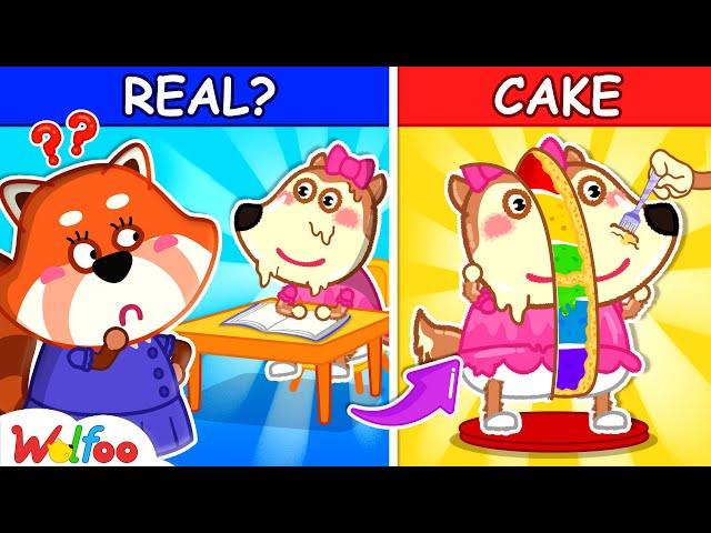 CAKE OR FAKE Challenge at School   Good Manner For Kids | Wolfoo Channel