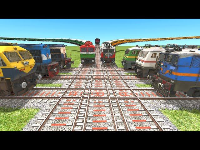 9 TRAINS COUPLING AND CROSSING ON DIAMOND BRANCHED RAILROAD TRACKSindian train simulator