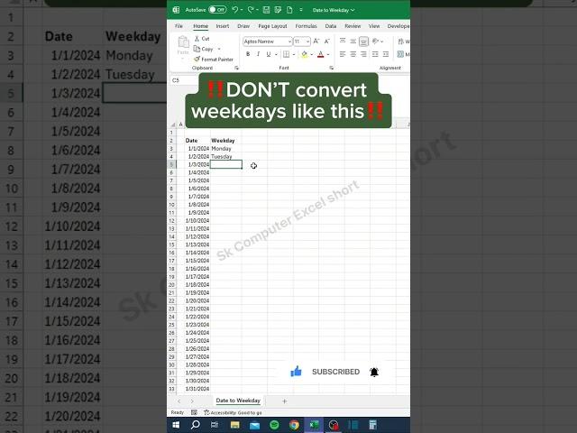 Date to Weekday in Excel #shorts #excel