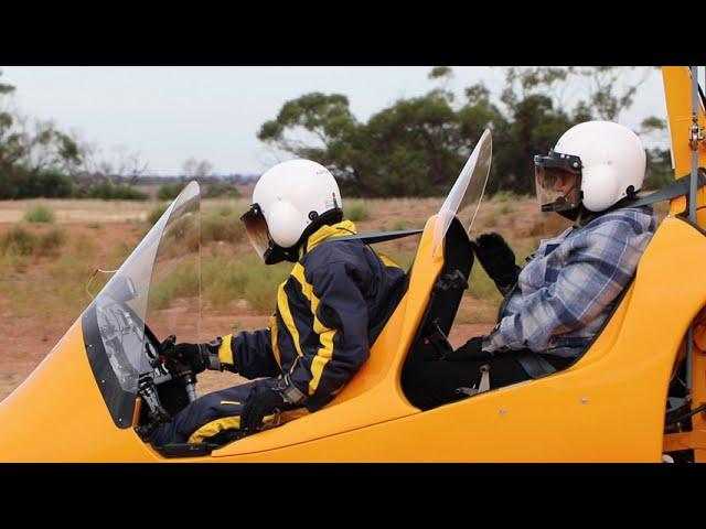 Setting off in the yellow ELA 07-Cougar gyroplane, Rollo's Airfield, Pallamana, South Australia