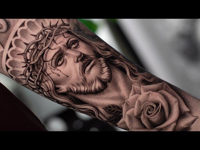 BLACK and GREY JESUS CHRIST TATTOO | TIMELAPSE (Real Time Tattooing)