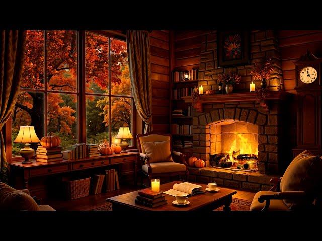 Smooth Jazz Music & Fireplace Sounds in Cozy Autumn Cabin Ambience  Relaxing Jazz to Work, Study