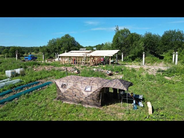 We are building a BIG HOUSE, Living in a COZY TENT! Berry farm on the edge of the forest