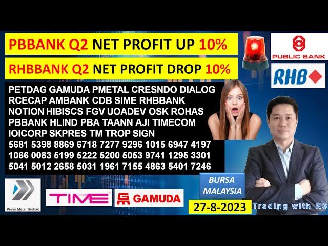 Daily KLSE BURSA UPDATE - 27-8-2024PBBANK Q2 NET PROFIT UP 10%RHBBANK Q2 NET PROFIT DROP 10%