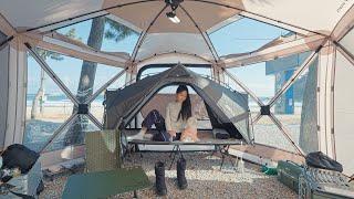 Winter Camping in front of the Sea with a Summer Tent