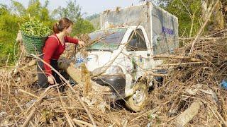 The girl find used old car that was abandoned a long time. Repair and restoration used car