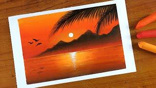 Oil Pastel Sunset Palm View Landscape Painting for beginners | Oil Pastel Drawing