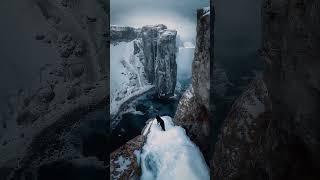 High above the world a black wolf stands at the edge, gazing down into the snow-covered valley below