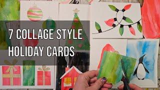 7 Fun Holiday Inspired Watercolor Collage Cards- Ornaments, Presents, a Penguin, a Tree, and more!