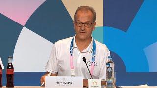 IOC spokesperson Mark Adams reads the IOC statement on the women's boxing tournament at Paris 2024