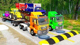 TRANSPORTING PIXAR CARS & FRUITS WITH COLORED & JOHN DEERE vs CLAAS vs TRACTORS - BeamNG.drive #962