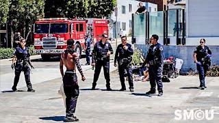 Tense Standoff at Venice Beach: Police Face Aggressive Homeless Man During Camping Enforcement