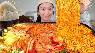 ASMR 쌀쌀할땐  햄가득 부대찌개 라면사리 넣어서 밥 리얼먹방 :) Spicy Sausage Stew MUKBANG