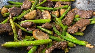 Casual night making Steak Asparagus Mushroom Stir Fry for Dinner