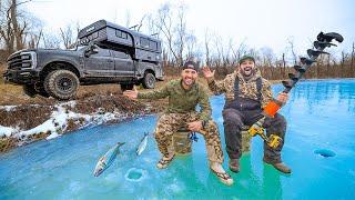 Backyard ICE Fishing With FLAIR!! (Truck Camper Catch & Cook)