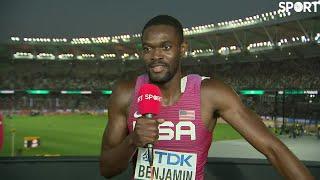 Rai Benjamin reacts to his 400m Hurdles semi-final performance.