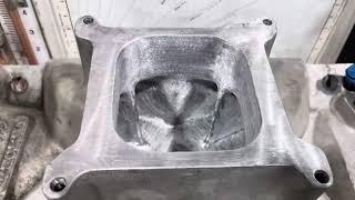 Old circle track nascar 358ci sbc Intake modified and ported for our new 372ci ice racing engine .!!