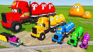 Big & Small Long Mack Truck with POU vs Thomas Trains - Cars vs Rails and Train - BeamNG.Drive