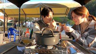 An international couple who cook ramen in a mountain with a cafe in Korea