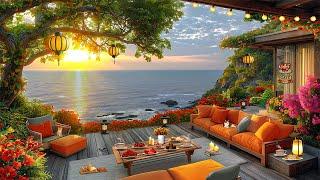 Summer Cozy Porch Ambience View of the Beach Sunset  Soft Piano Jazz Music to Relax, Work, Study