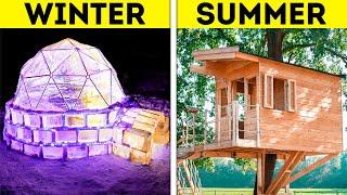 WINTER ICE IGLOO VS. SUMMER TREEHOUSE || Cheap And Giant DIY House Crafts From Wood, Ice And Clay