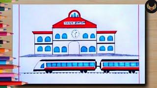 Railway Statine drawing || How to draw the scene of railway station easy step by step