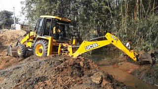 JCB Backhoe Making A Big Drain For Wall Construction - JCB Working For Road Construction