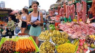 Cambodian street food at Phnom Penh Market - Delicious Plenty Khmer food, Fruit, beef, Pork & More