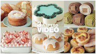 #129 3x Speed 케이크 디저트 베이킹 영상 : Cake Dessert Baking Video | 수건케이크,딸기 티라미수,크로넛,밀크티 크림빵 | Cooking tree