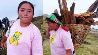 Jina Carrying dry firewood in shelter II Sanjip cutting flat woods for home@Sanjipjina