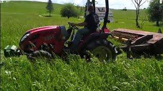 Compact tractor mowing hay with New Holland haybine. TYM 353. 35 HP