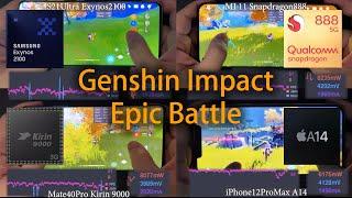 Exynos 2100 vs Snapdragon 888 vs Kirin 9000 vs A14 Epic Genshin Impact Test of 2021 Flagship Phones