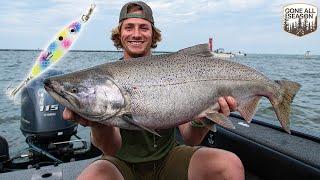 Jigging for GIANT King Salmon in the Harbor! - Lake Michigan