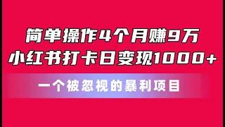 【完整教程】简单操作4个月赚9万！小红书打卡日变现1000+！一个被忽视的暴力项目