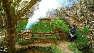 Building complete and warm survival shelter | Bushcraft earth hut,grass roof & fireplace with clay