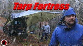 Sleet, Freezing Rain, & Heavy Rain with a Tarp Fortress Camping Adventure