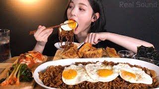 SUB)짜파게티 먹방 파김치 겉절이 군만두 꿀조합 리얼사운드 jjapagetti mukbang asmr eating show 炸酱方便面 fried eggs 目玉焼き