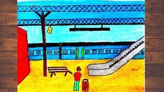 How to draw the scene of railway station easy step by step|| Oil pastel drawing of railway station||