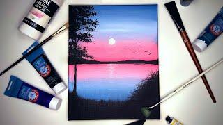 Quick & Very Easy MOONLIGHT LAKE Painting - Step By Step Tutorial